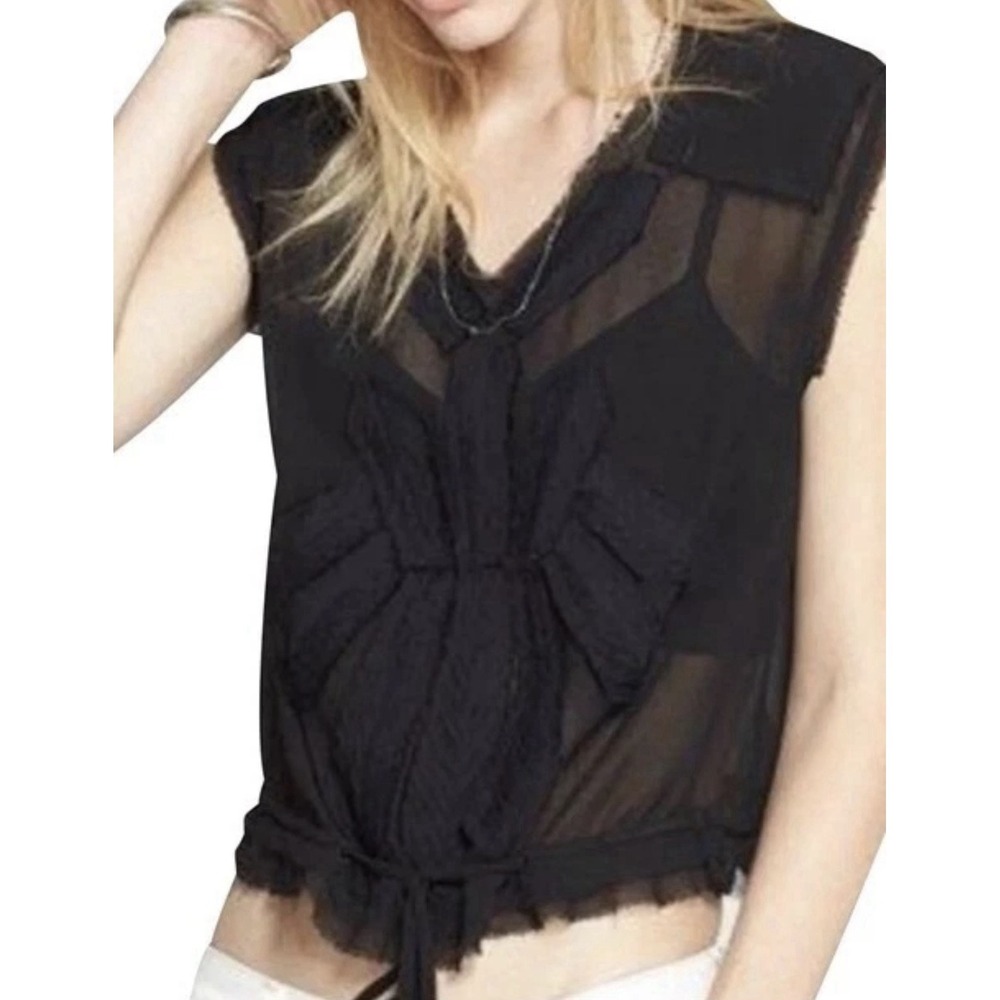 Free People Sheer Black Embroidered‎ Boho Top Small Raw Edge Festival